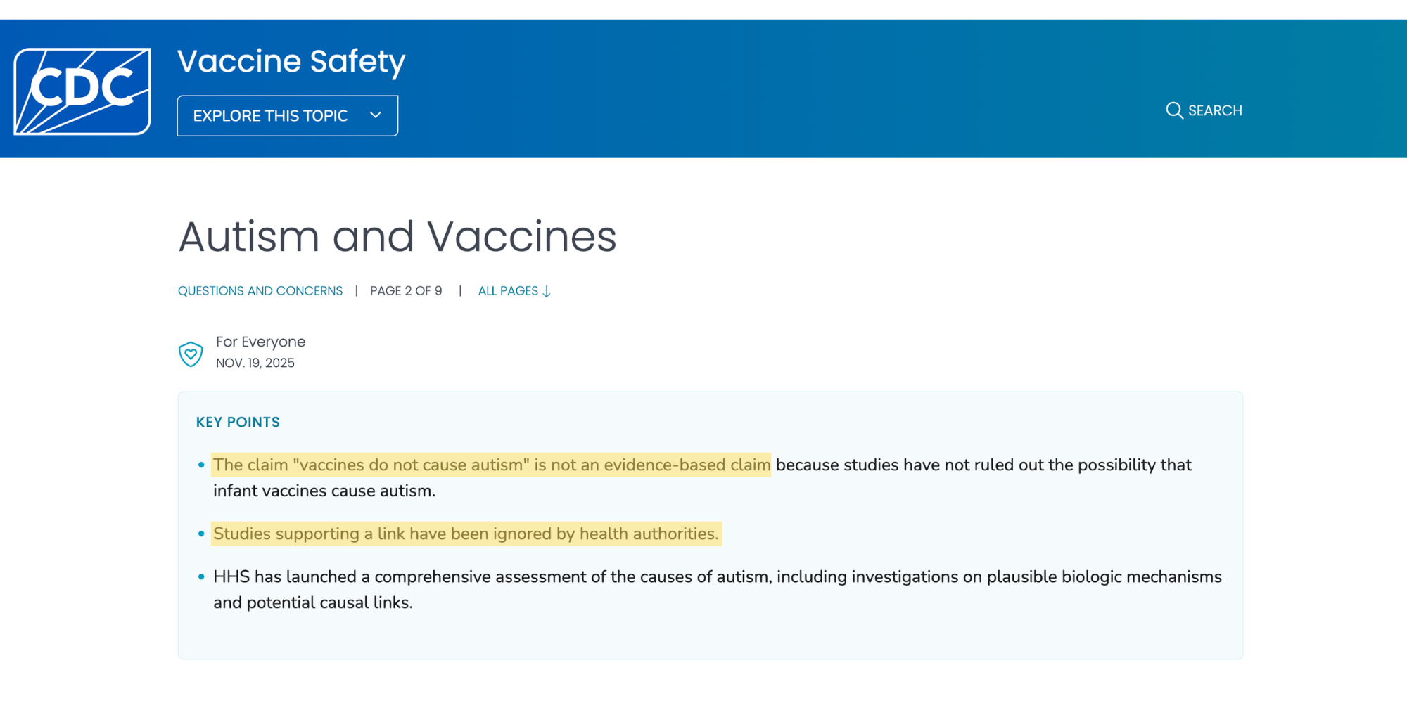 The CDC says that the claim vaccines don’t cause Autism isn’t “evidence-based” – it is.